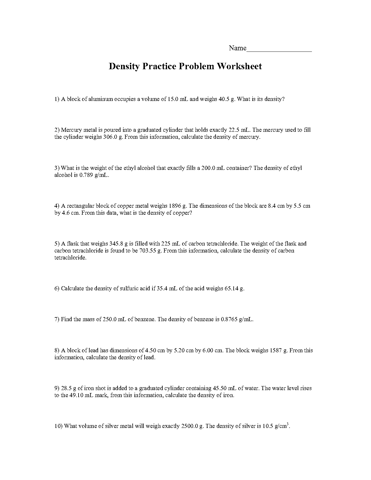 density problems worksheet answers