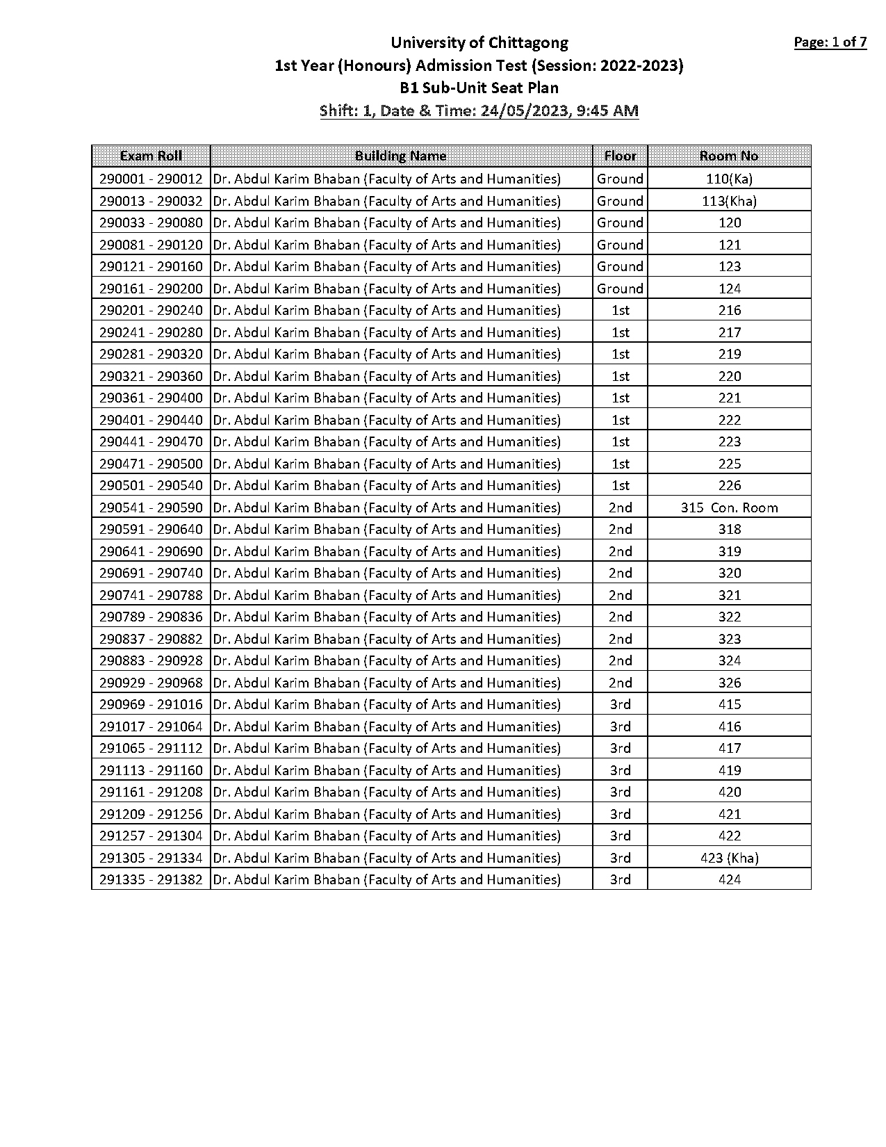 chittagong university seat plan