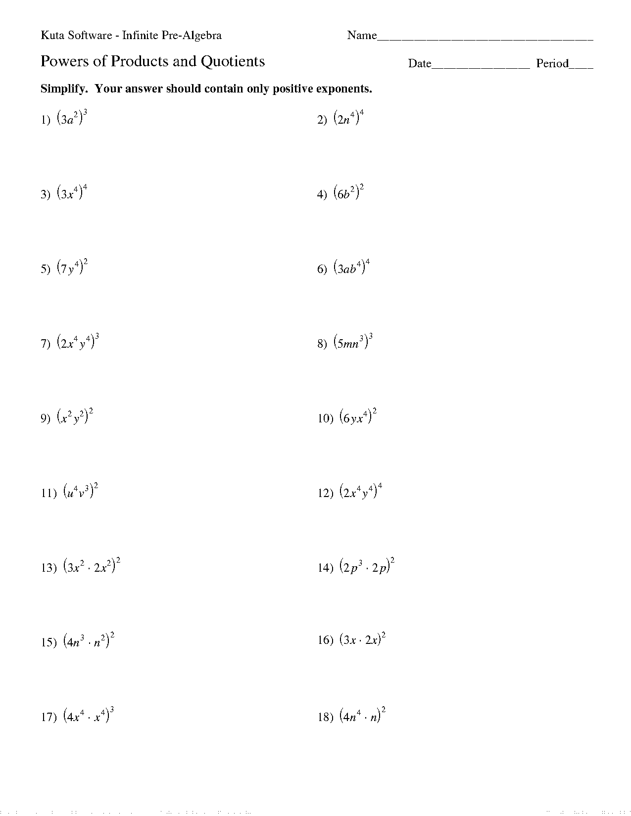 exponents product and quotient rule worksheet kuta answer key