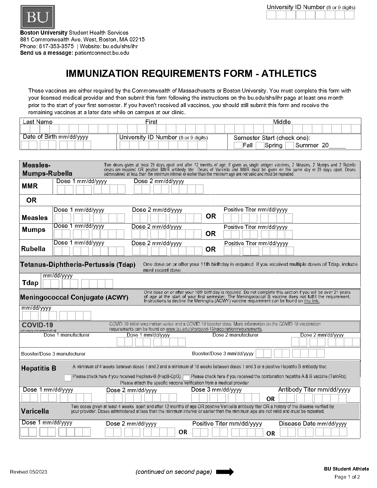 boston university highly competitive sports form