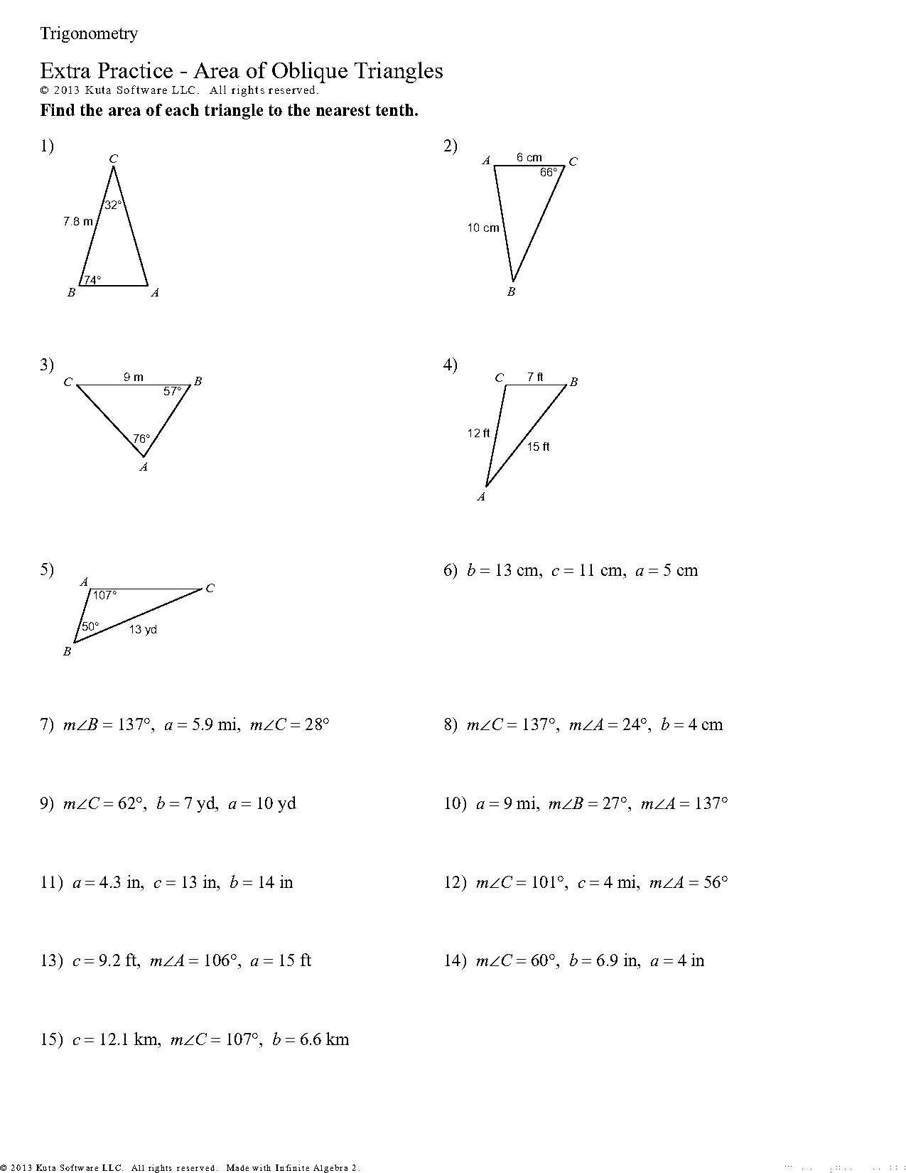 finding the area of an oblique triangle worksheet with answers