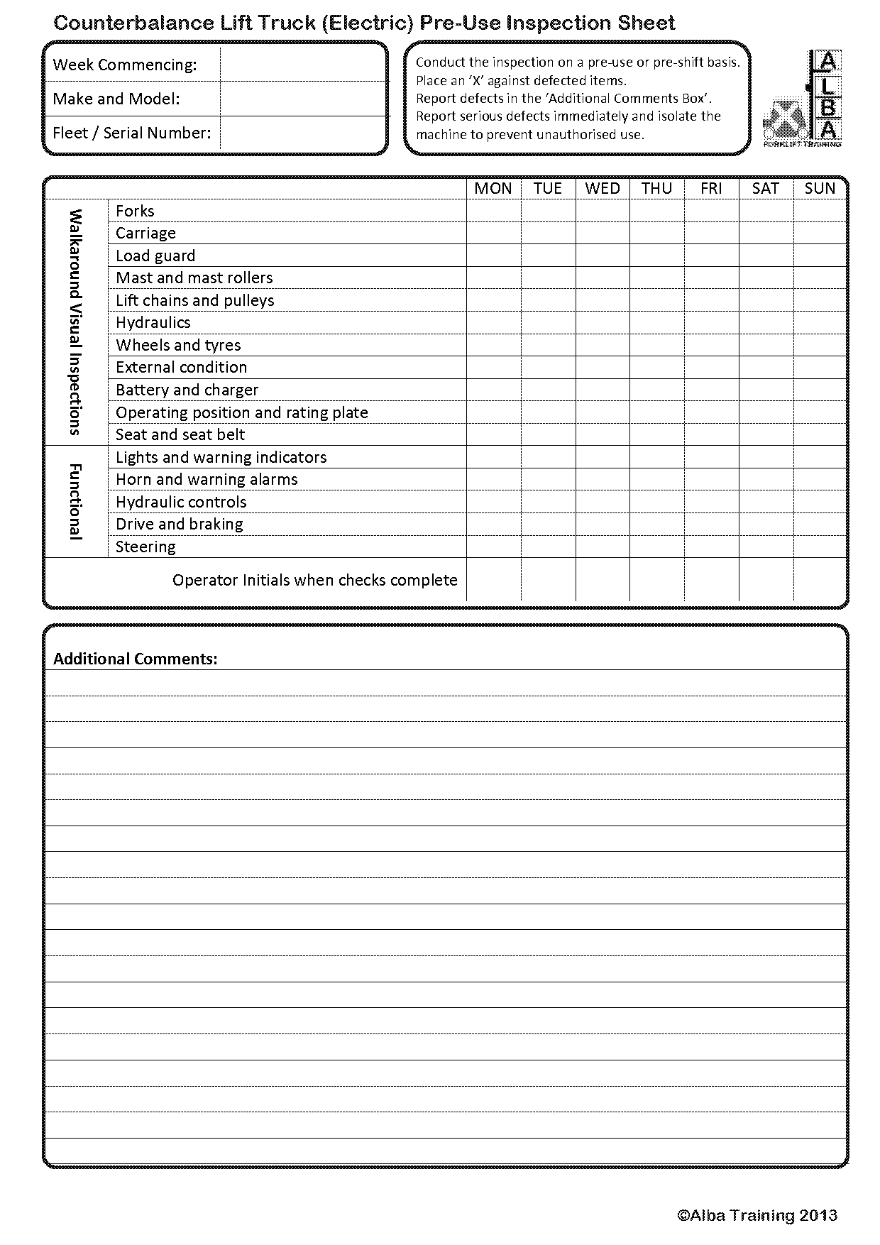 electric forklift pre use checklist