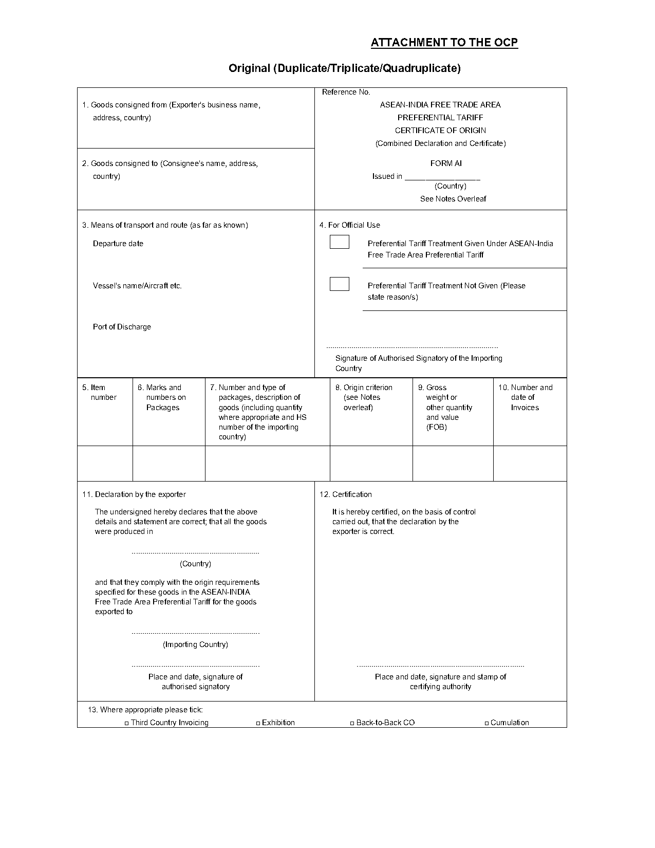 asian india free trade area certificate of origin