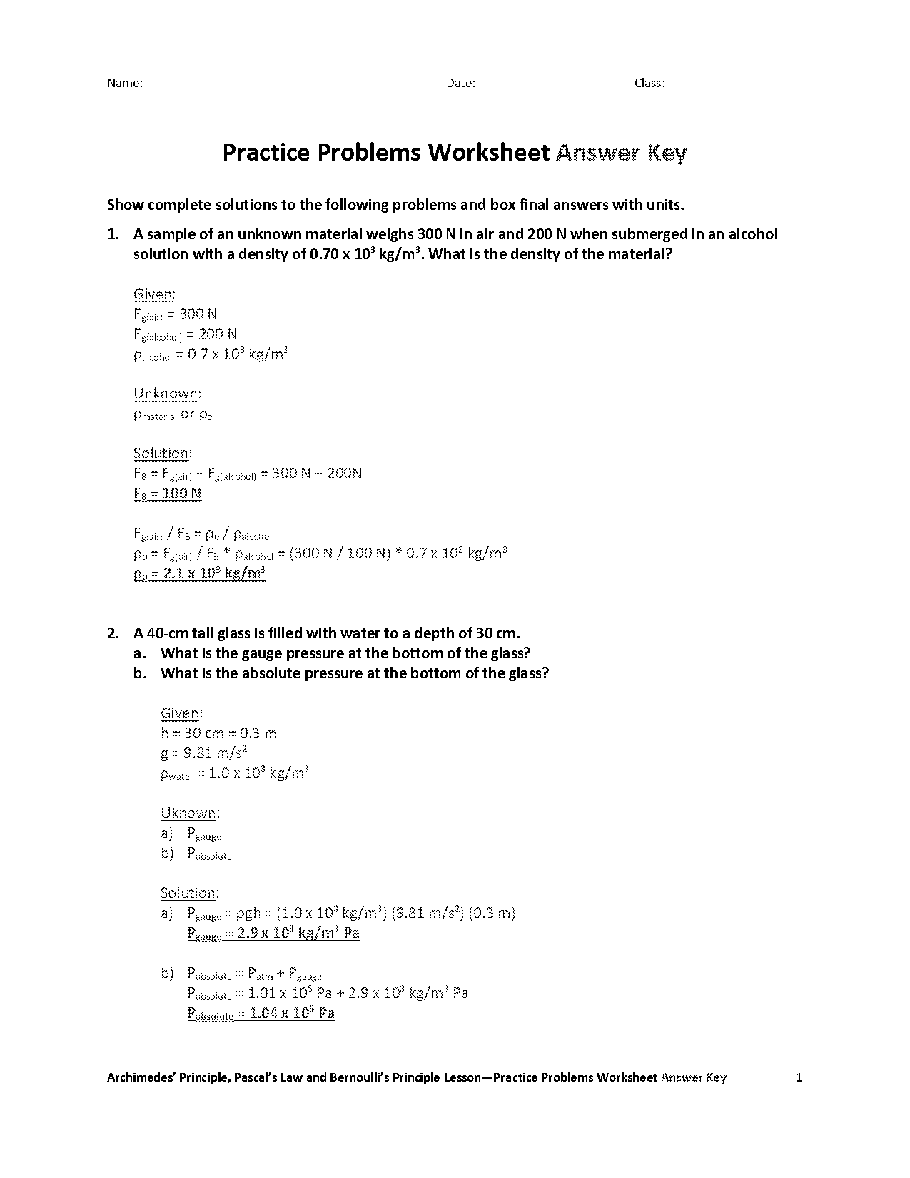 density problems worksheet answers