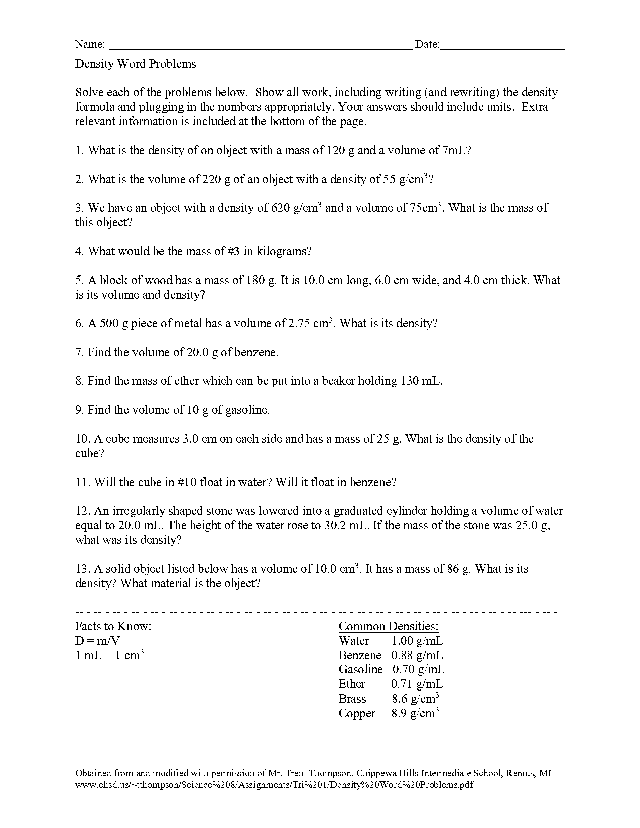 density problems worksheet answers