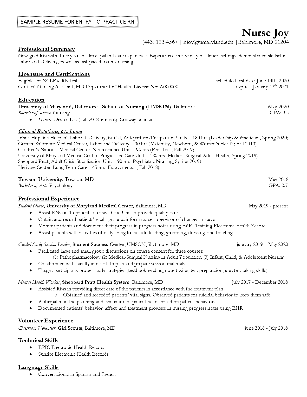 example of resume for nursing job