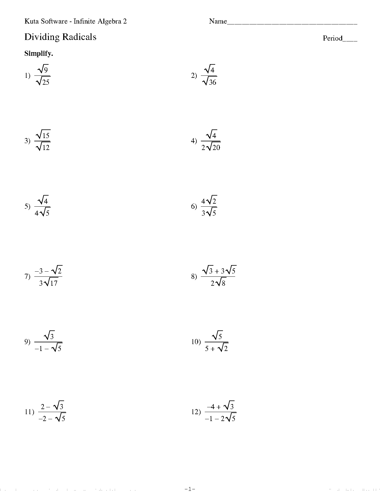 dividing radical equations worksheet