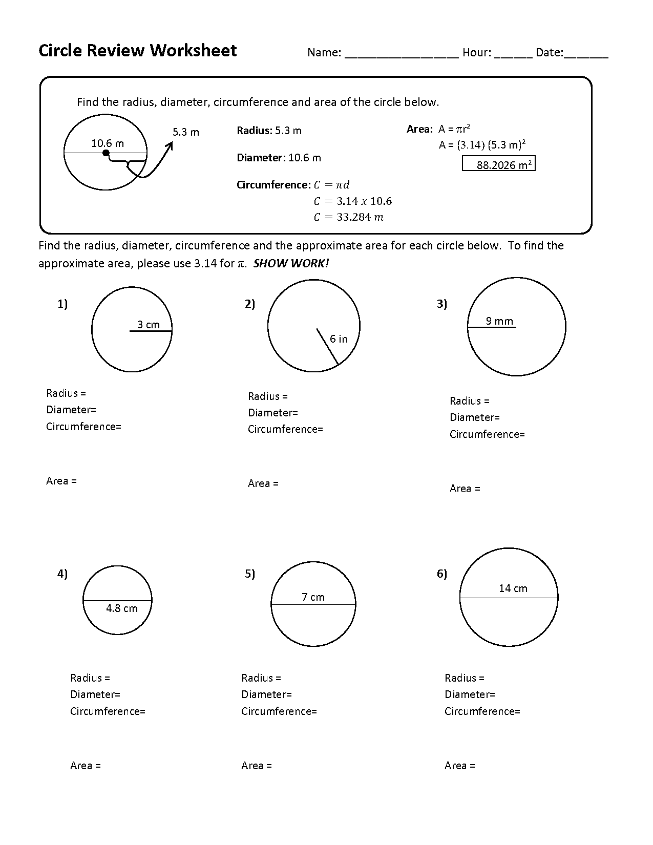 circumference and area worksheets