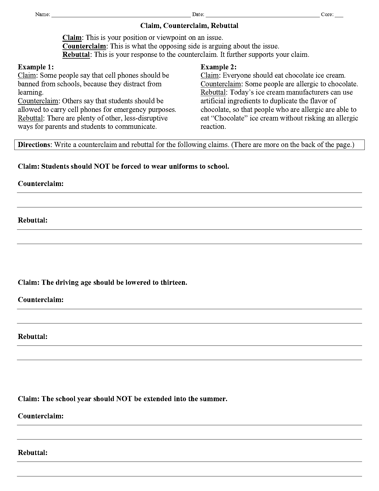 claims counterclaims and rebuttals practice worksheet answer key