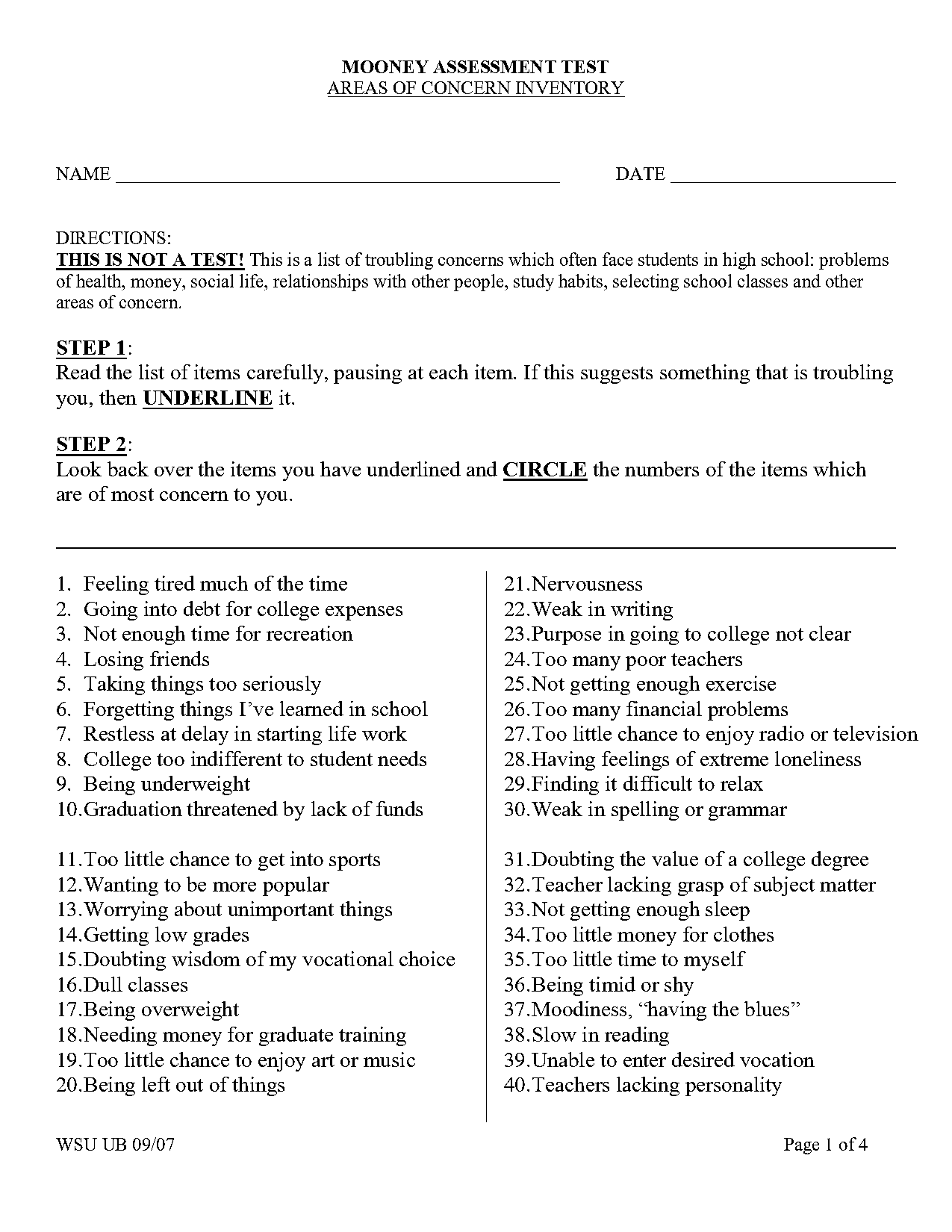 problem checklist for college students