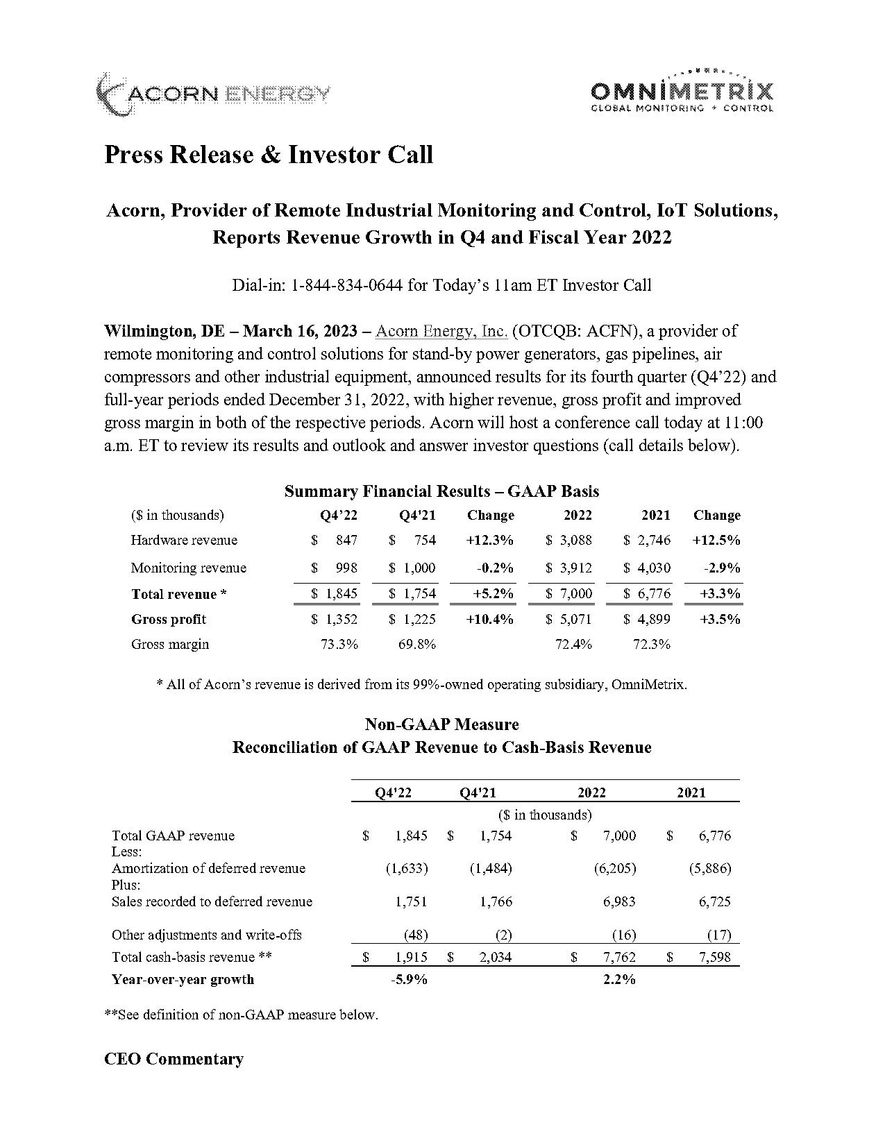 acorn energy press releases