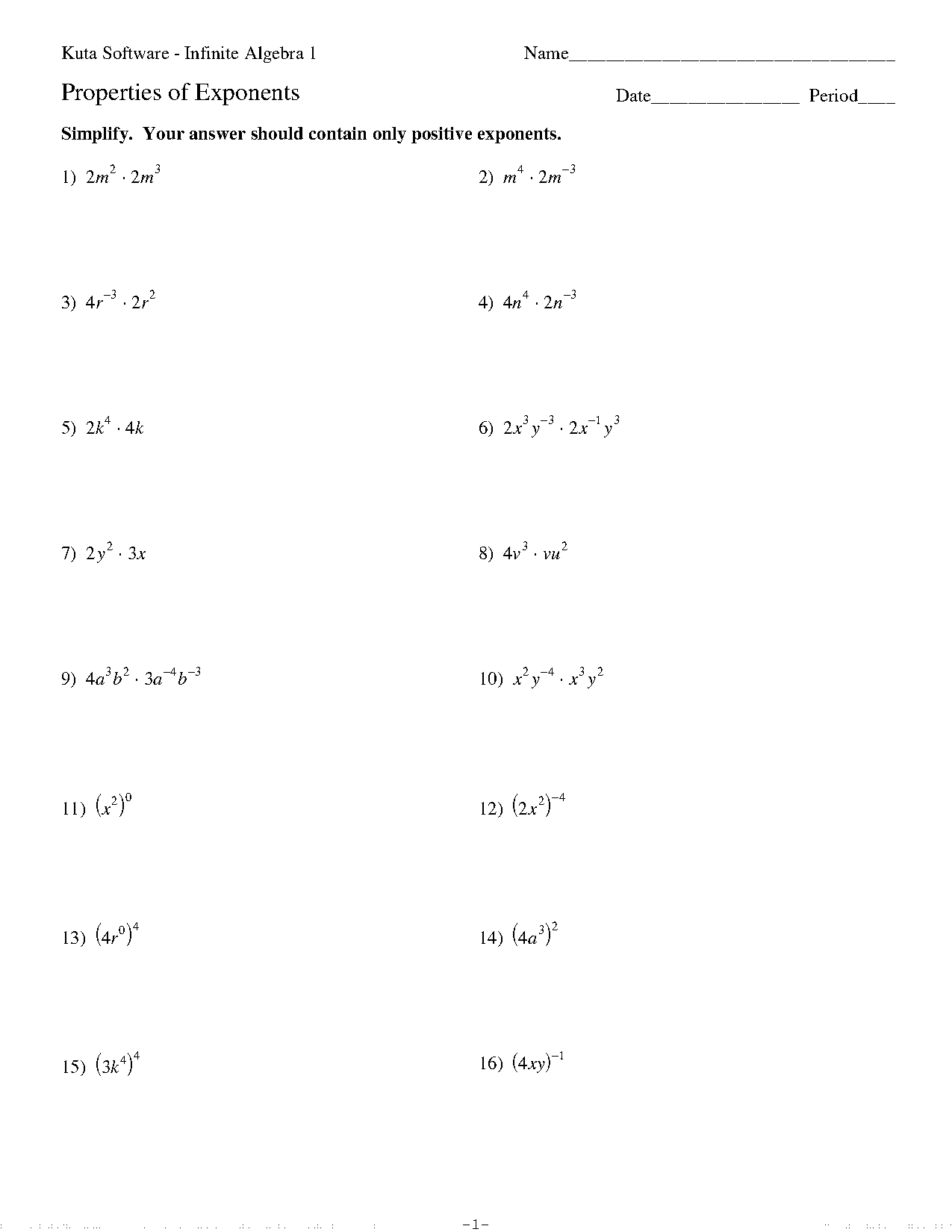 exponents product and quotient rule worksheet kuta answer key