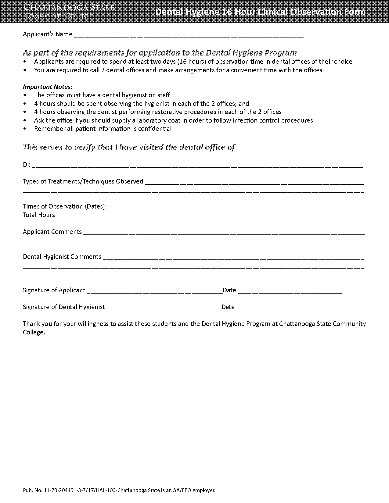 chattanooga state dental hygiene application