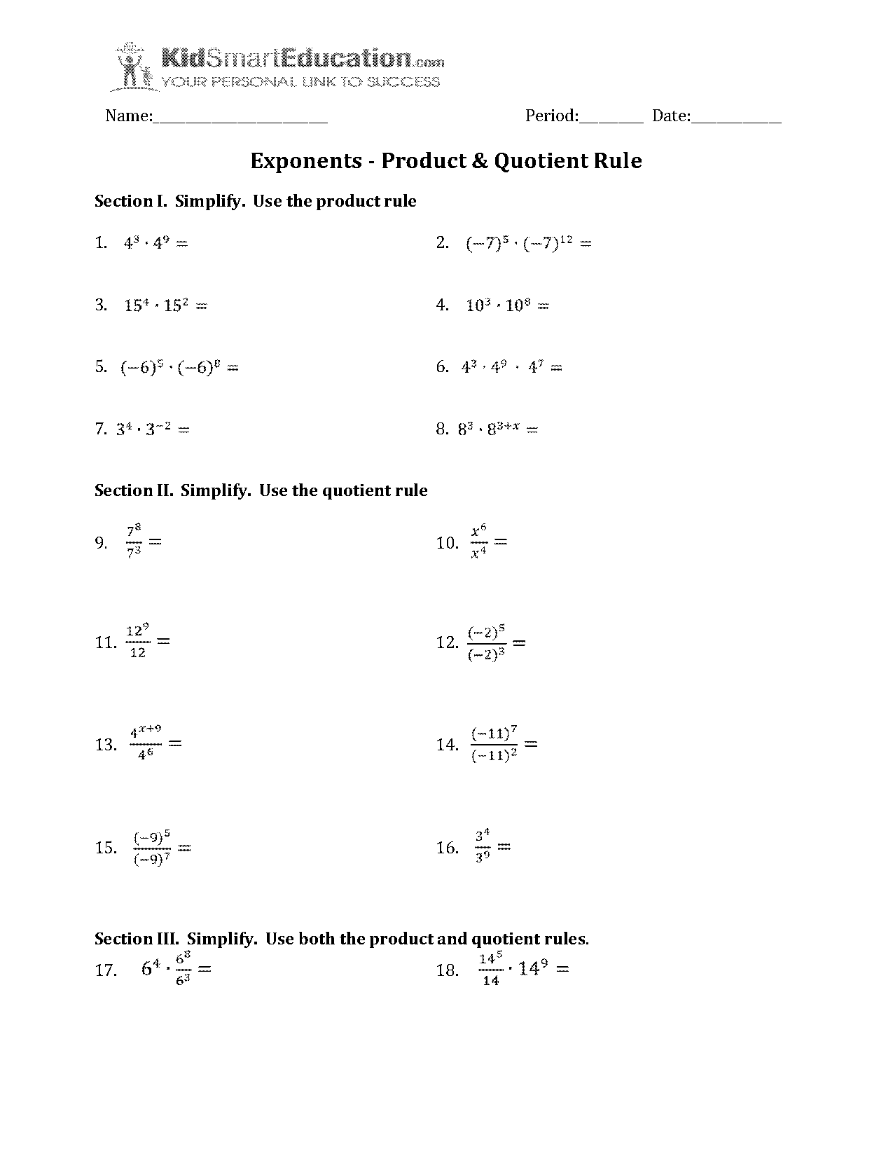 exponents product and quotient rule worksheet kuta answer key