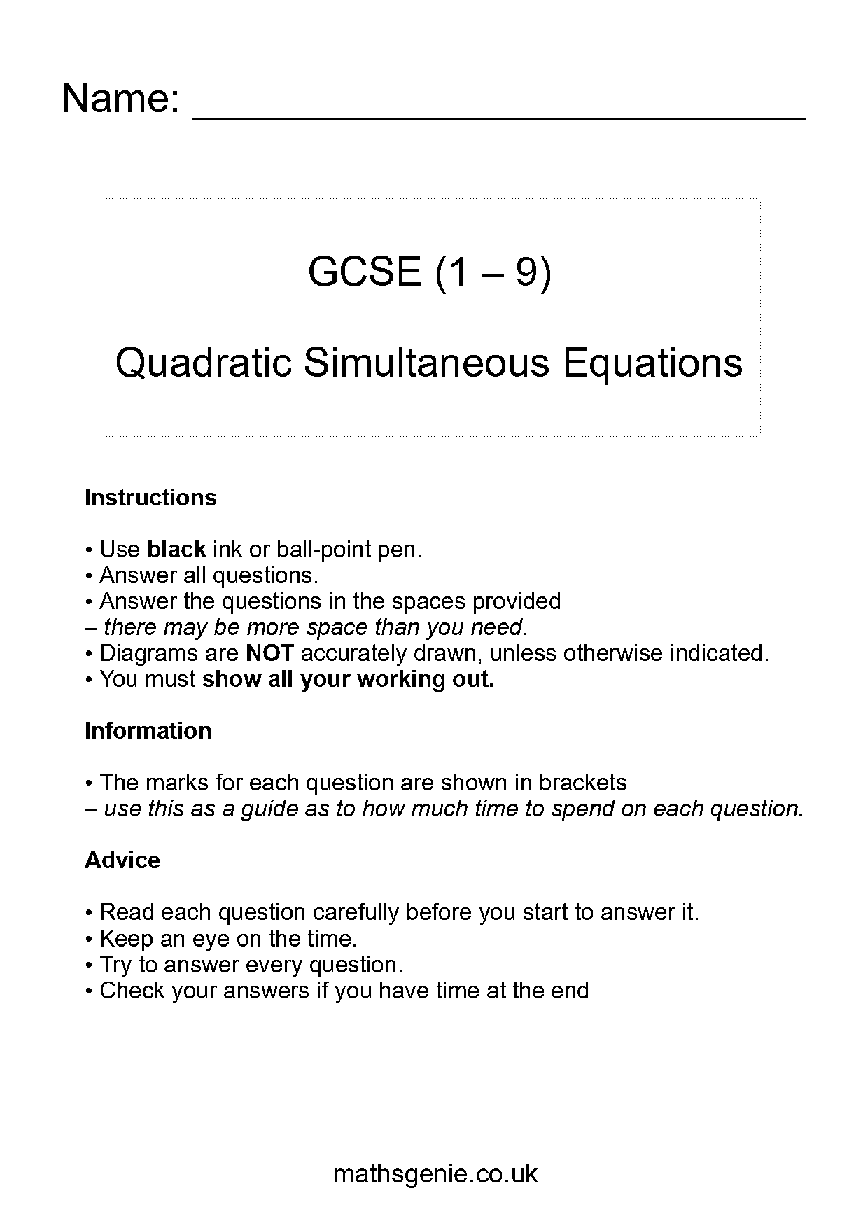 non linear simultaneous equations worksheet