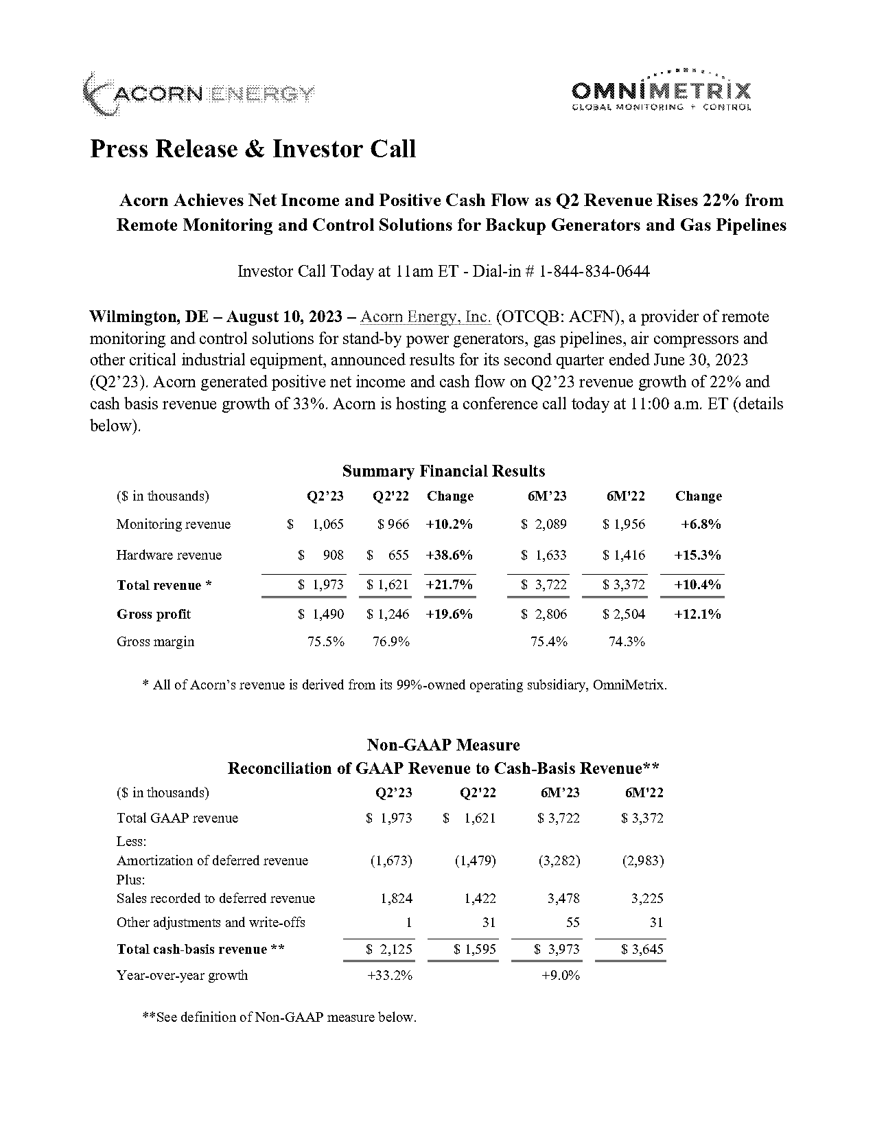 acorn energy press releases