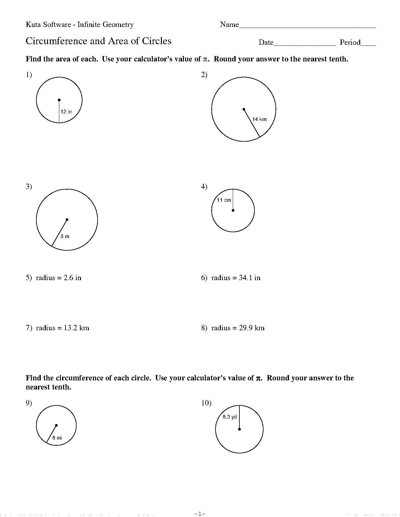 circumference and area worksheets