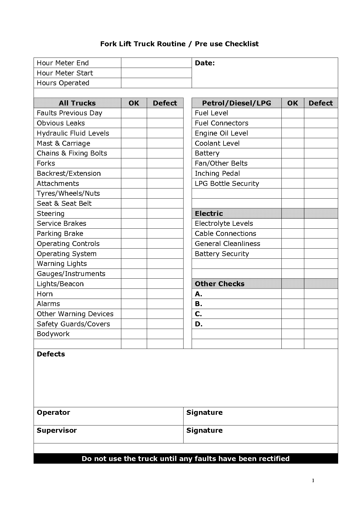 electric forklift pre use checklist