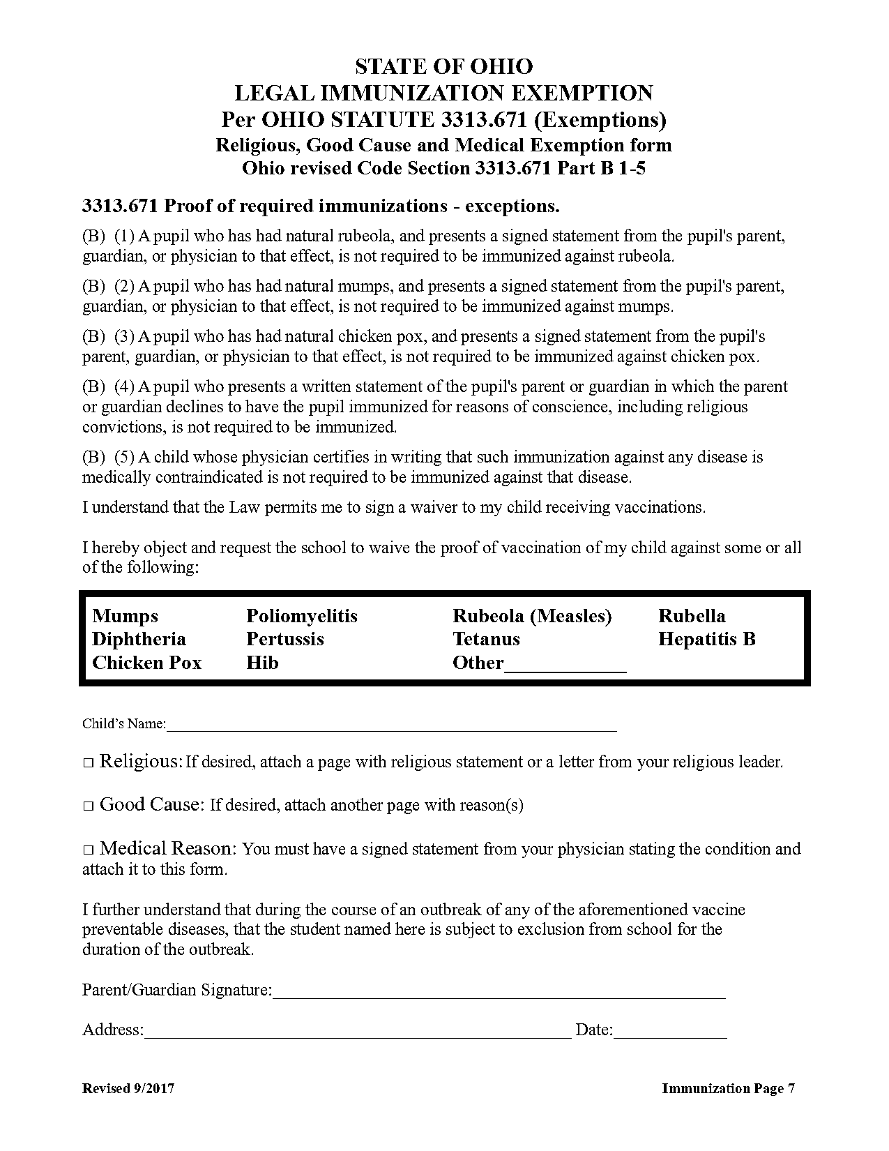 vaccine exemption form ohio