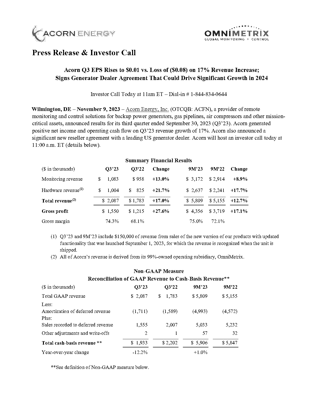 acorn energy press releases