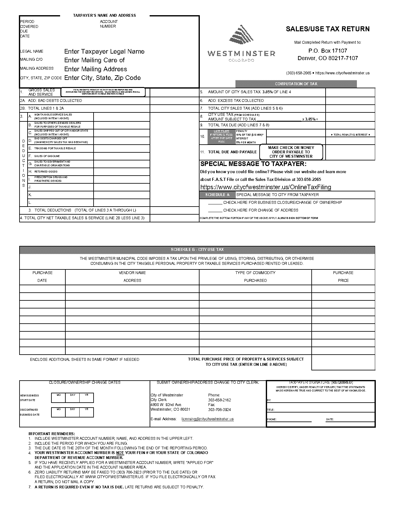 city of westminster sales tax application form