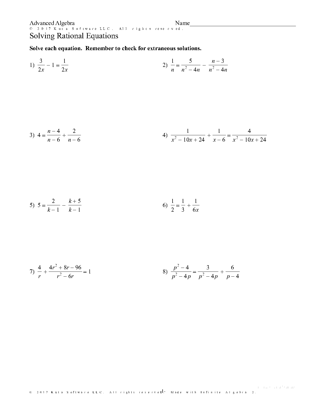 advanced algebra solving rational equations worksheet answers