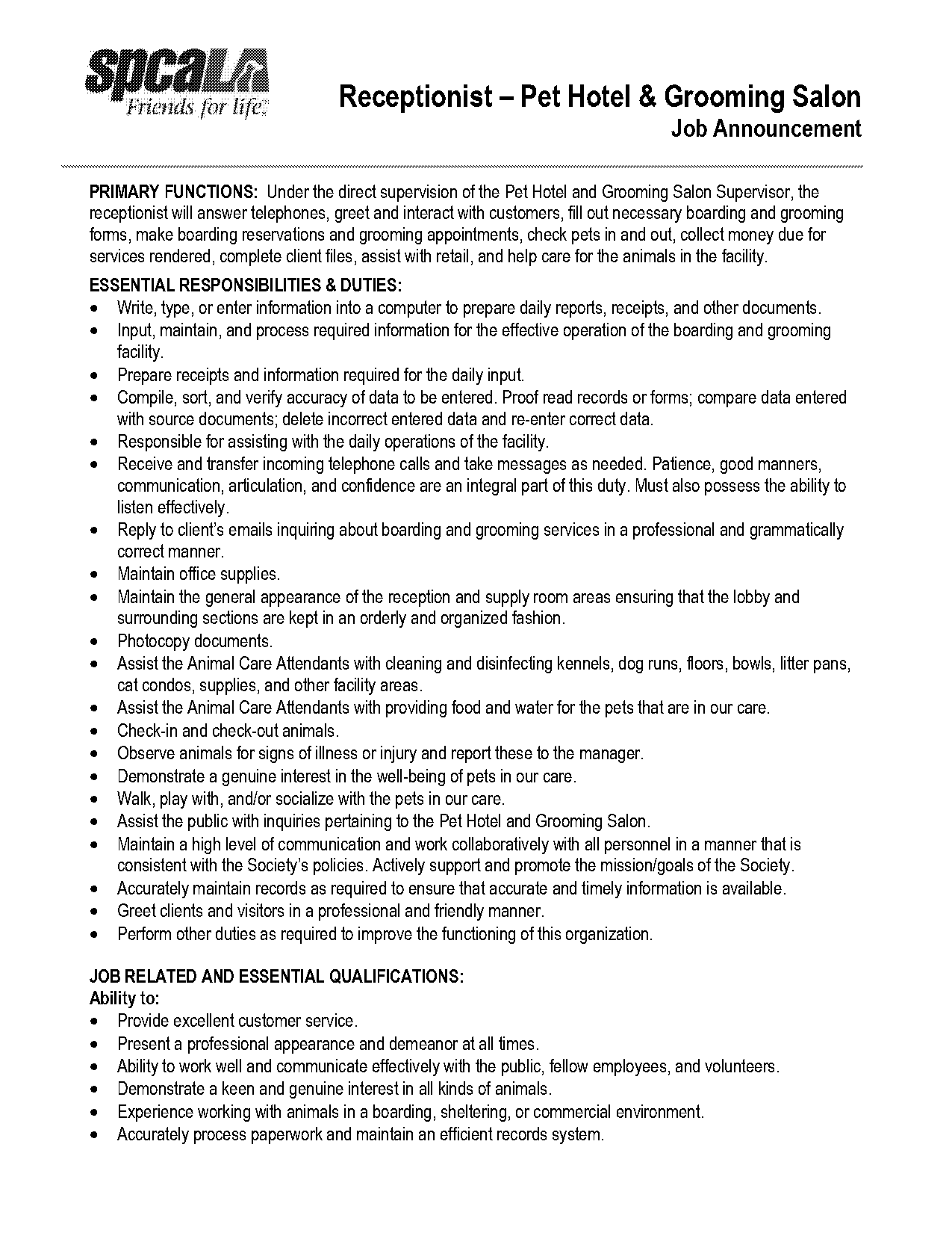 receptionist work performed on resume