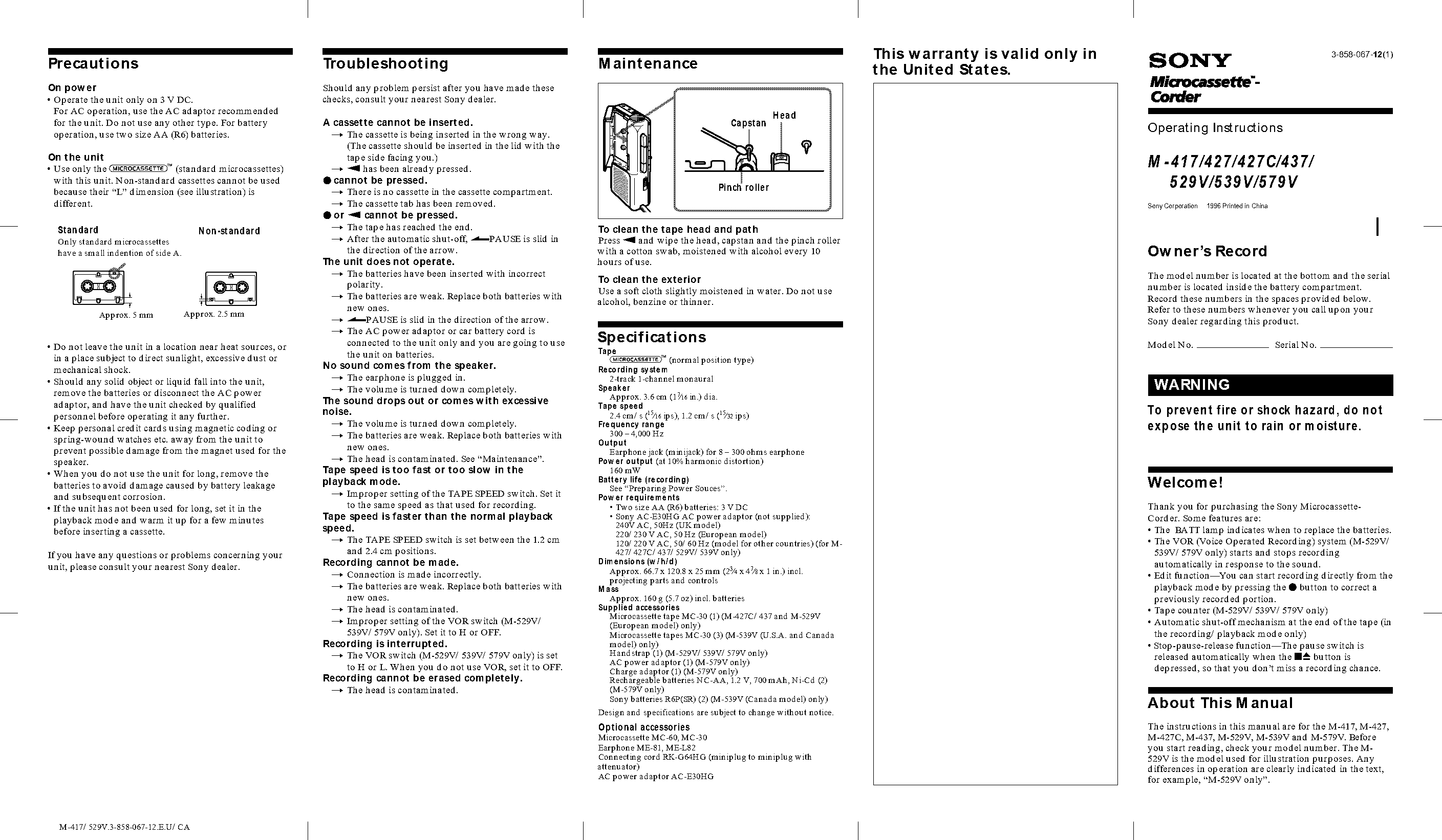 manual for sony vor microcassette recorder