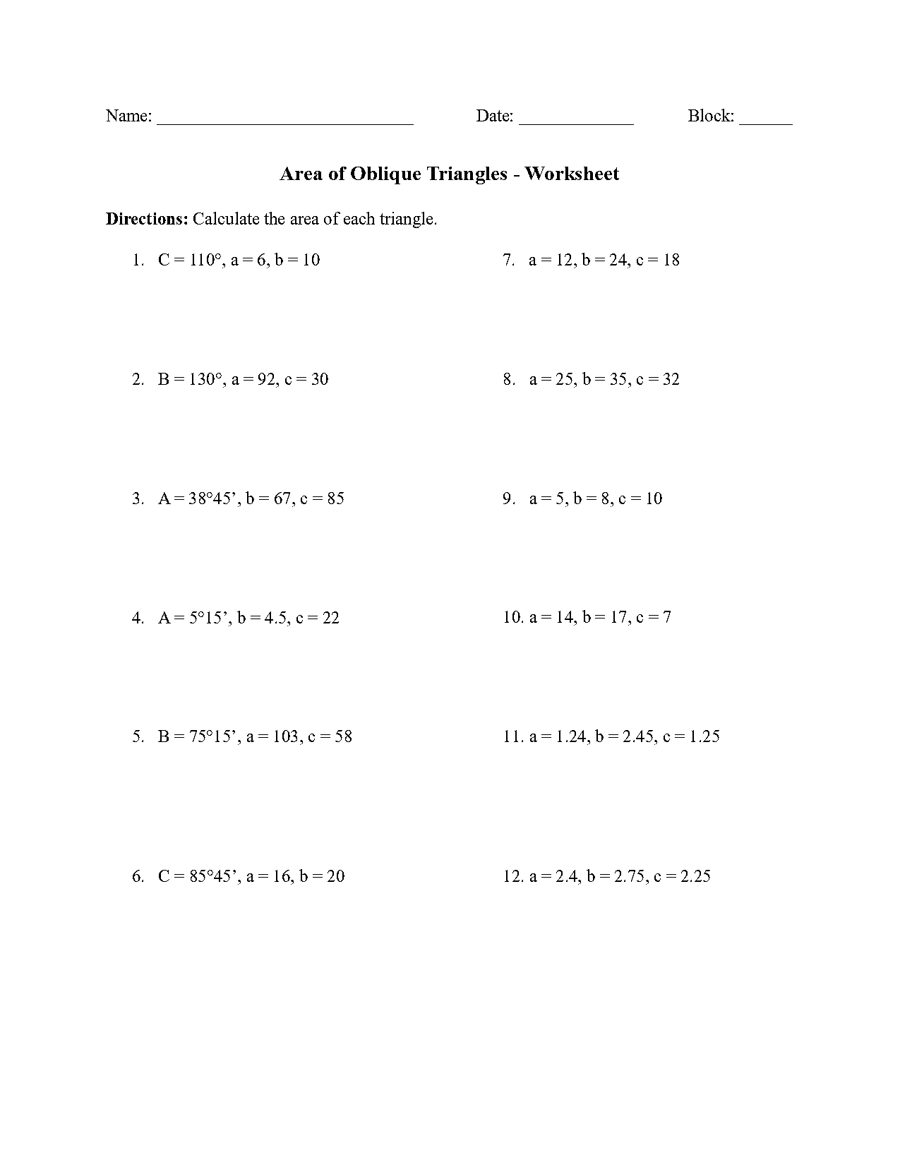 finding the area of an oblique triangle worksheet with answers