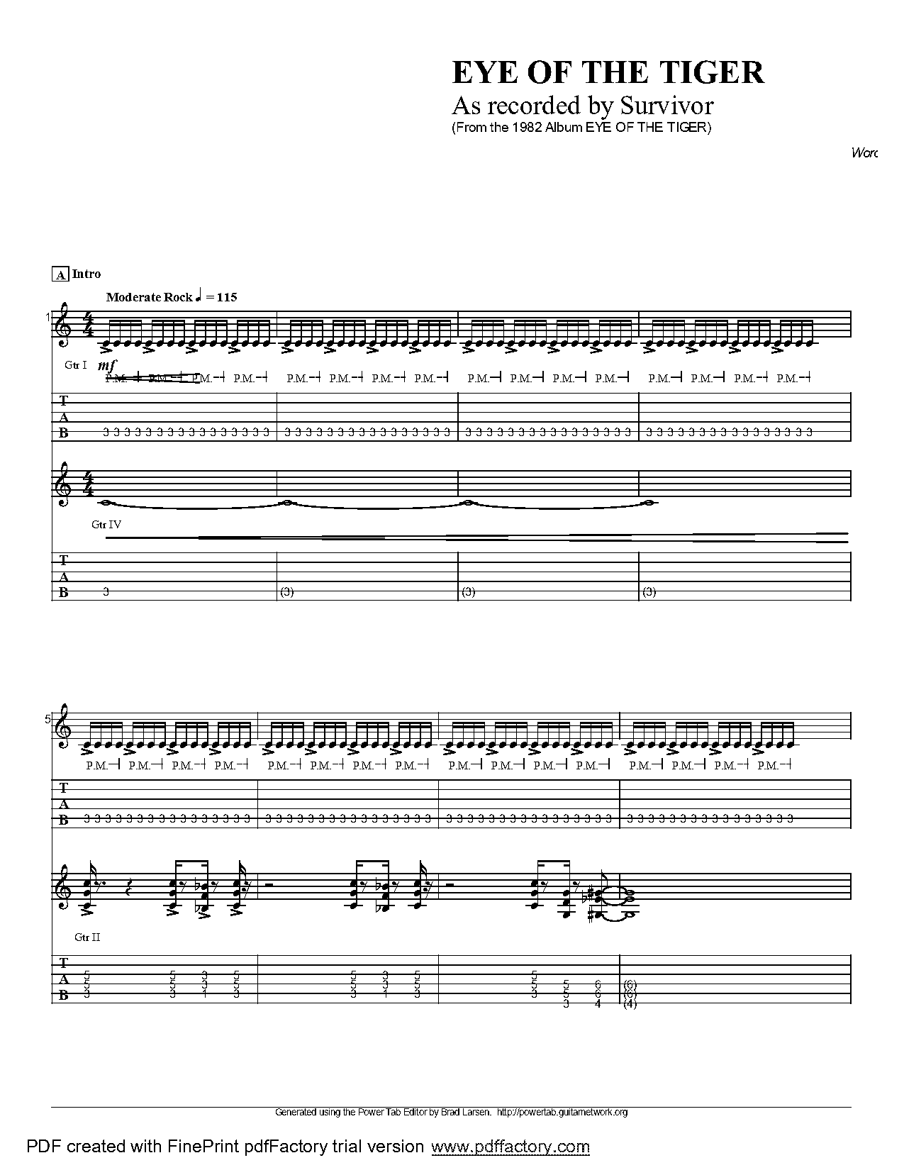 eye of the tiger song sheet music pdf