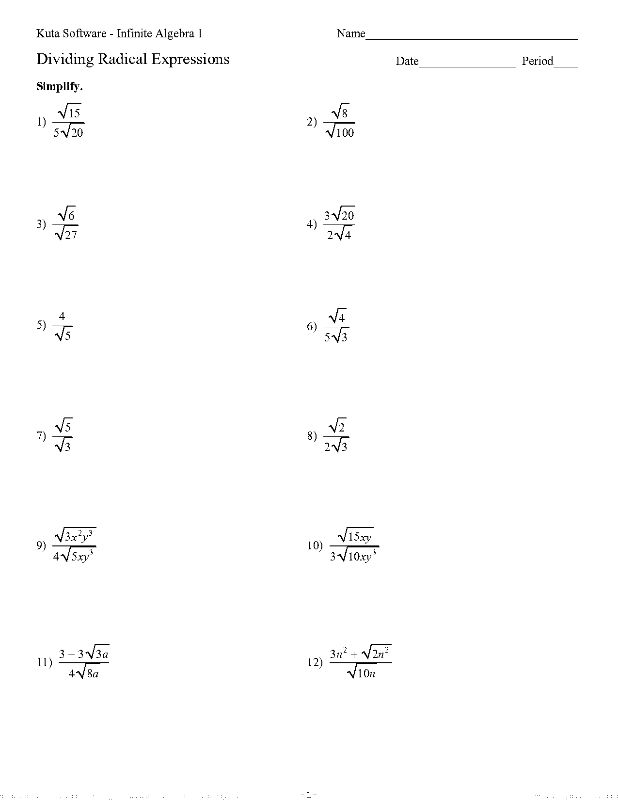 dividing radical equations worksheet