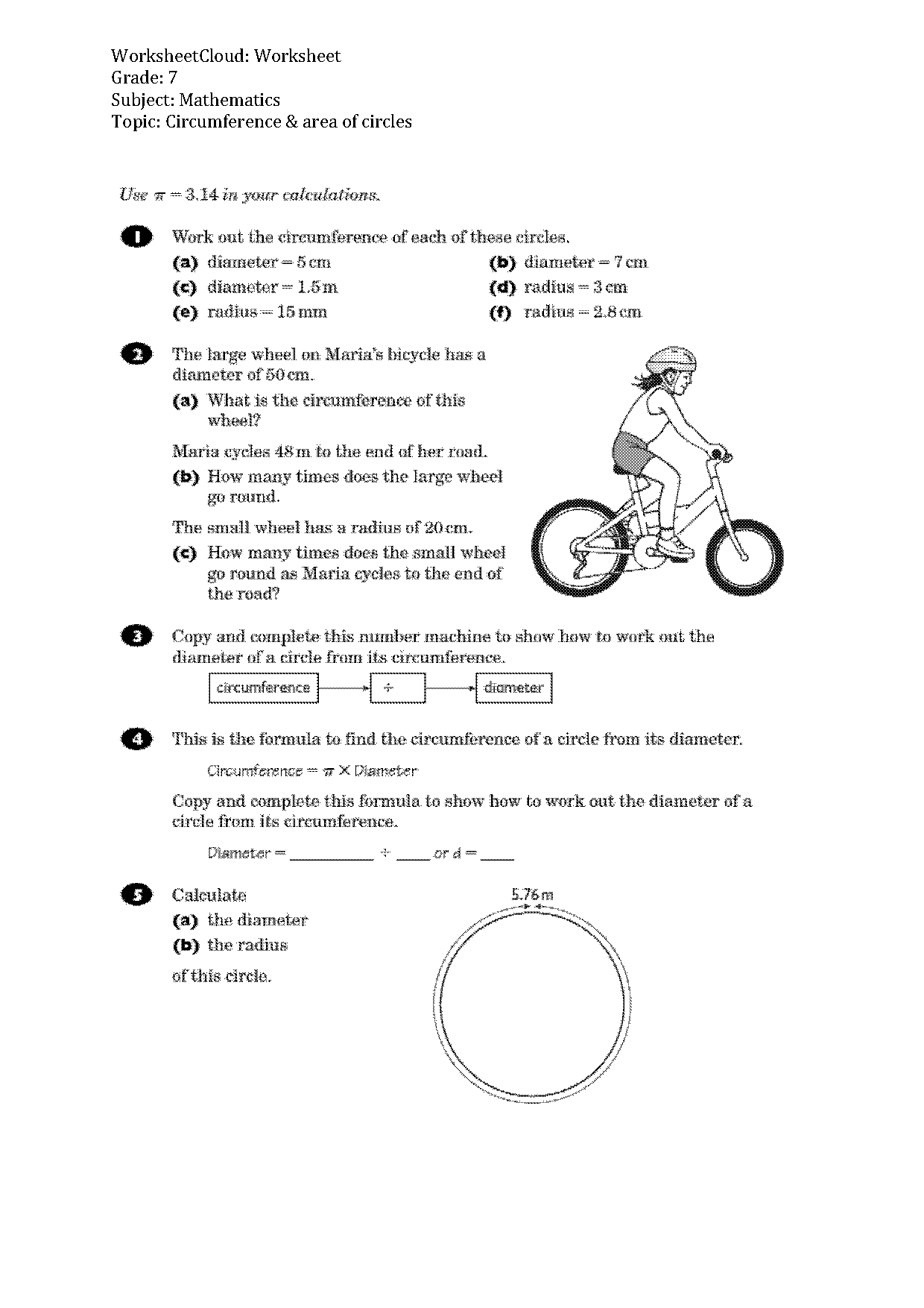 circumference and area worksheets